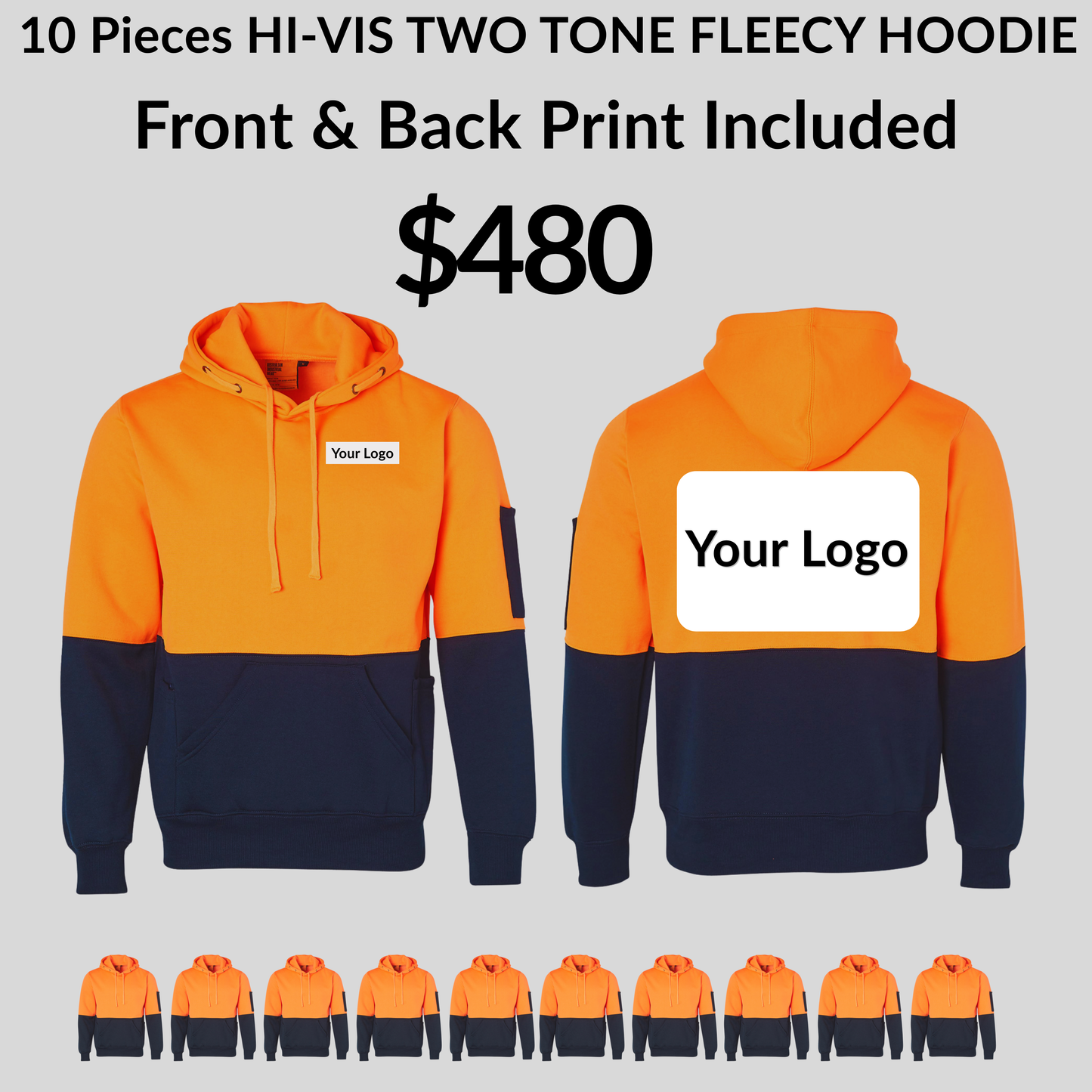 10 Pieces SW38 HI-VIS TWO TONE FLEECY HOODIE BUNDLE - FRONT & BACK PRINT INCLUDED $480