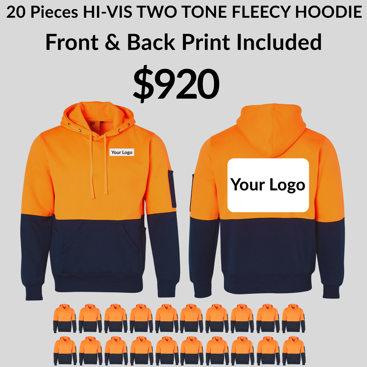 20 Pieces SW38 HI-VIS TWO TONE FLEECY HOODIE BUNDLE - FRONT & BACK PRINT INCLUDED $920