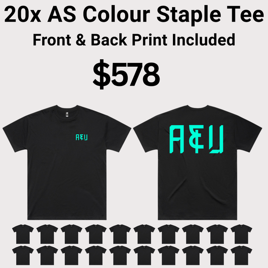 20x ASColour Staple Tee 5001 Bundle - Front & Back Print Included $578