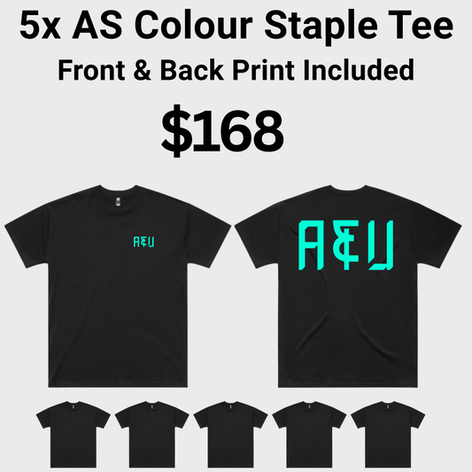 5x ASColour Staple Tee 5001 Bundle - Front & Back Print Included $168